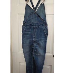 Women's GAP 1969 Blue Denim V-Neck Bib Overalls. Size 28R. Full length.